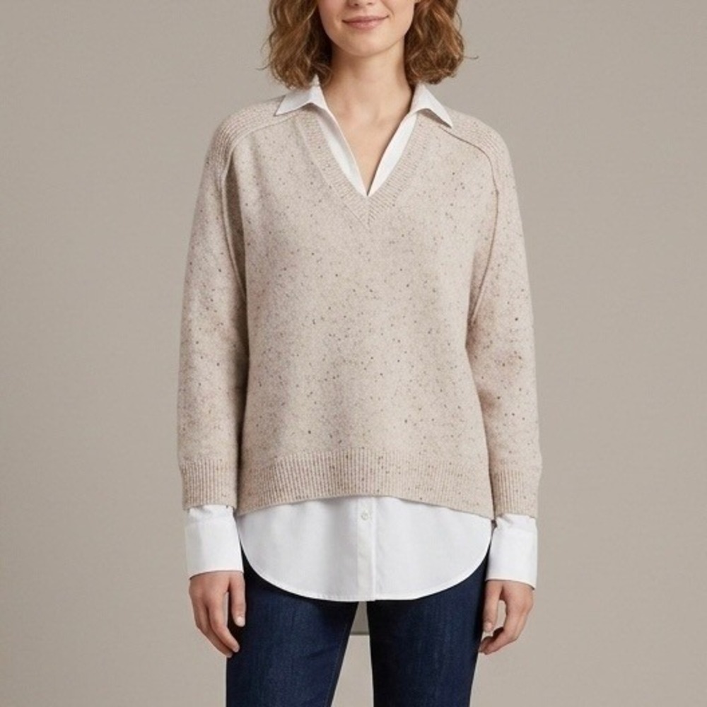 Brochu Walker The Looker Layered V-Neck Wool Cashmere Tan Speckled Size Medium